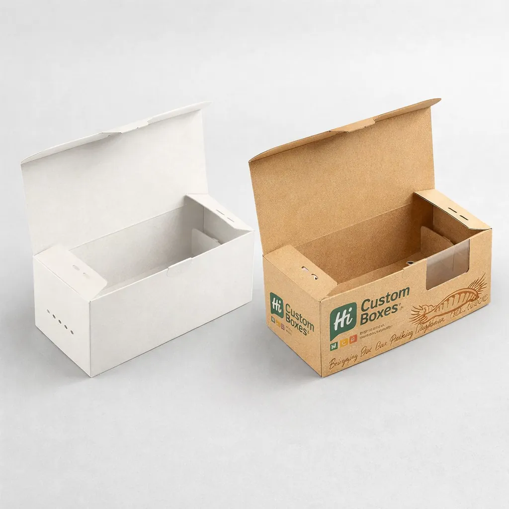 A white and a brown kraft loaf bread box shown open with side ventilation holes included.